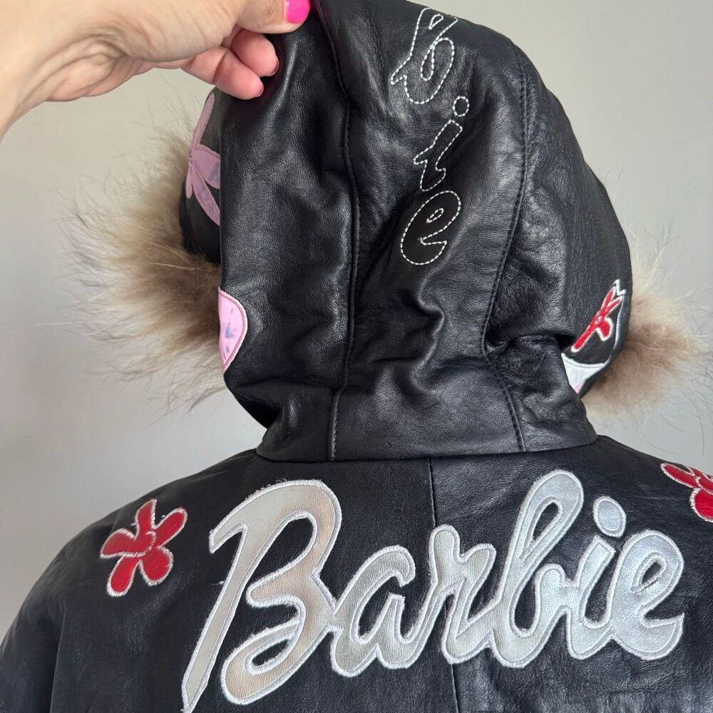 Barbie Custom Embroidered Glam Graphic Leather Jacket With Faux Fur Hood - Picture 4 of 13